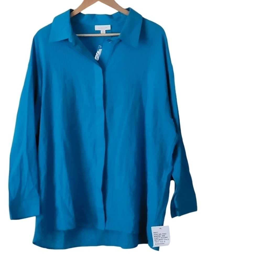 TOPSHOP Women's Button Front Shirt Cotton Blue Oversized Size 8